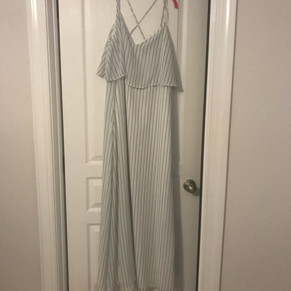 White dress with blue and green stripes